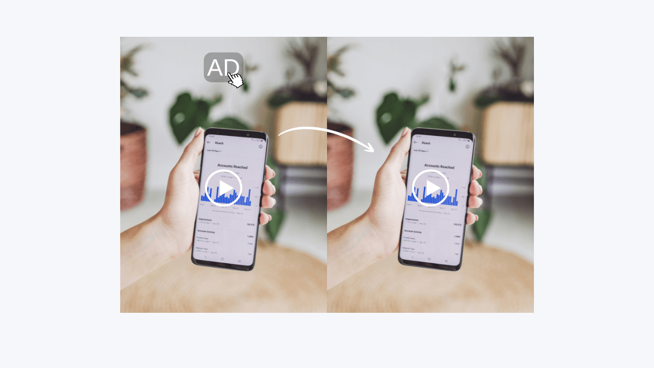 A video frame before and after text removal, at the same resolution and sharpness
