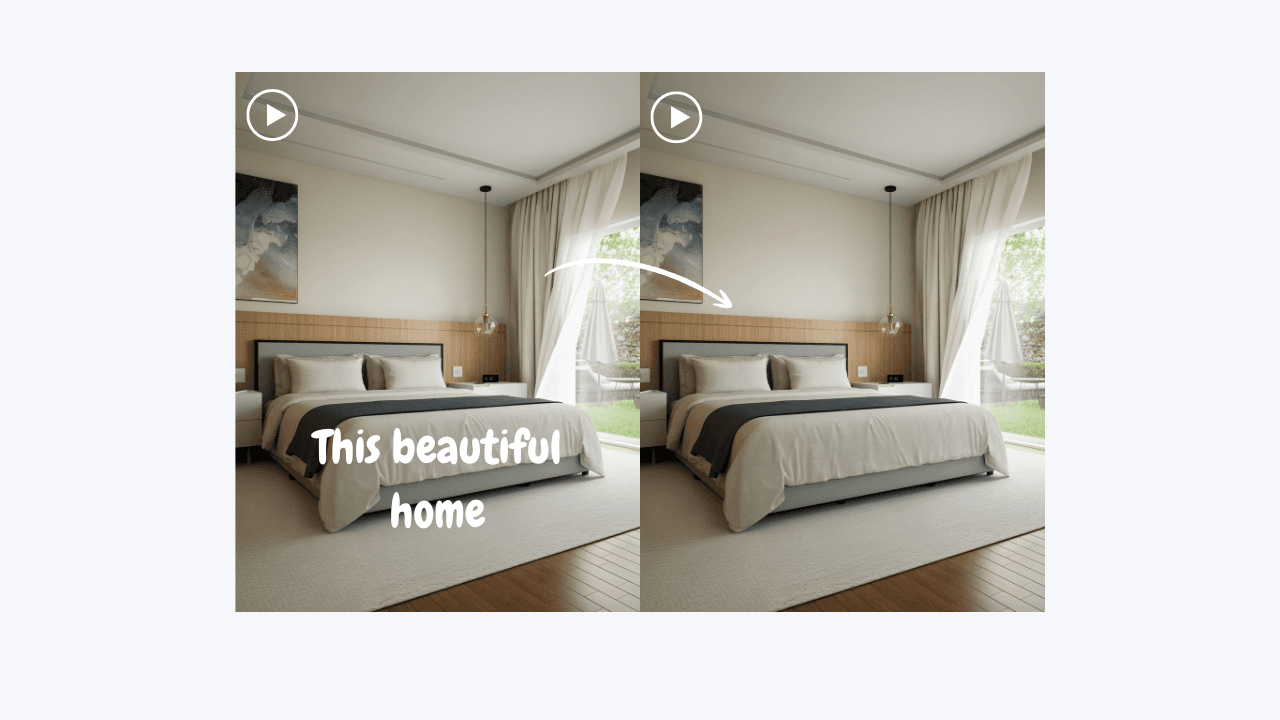 A bedroom clip with a burned-in caption, shown beside the same frame with the caption removed