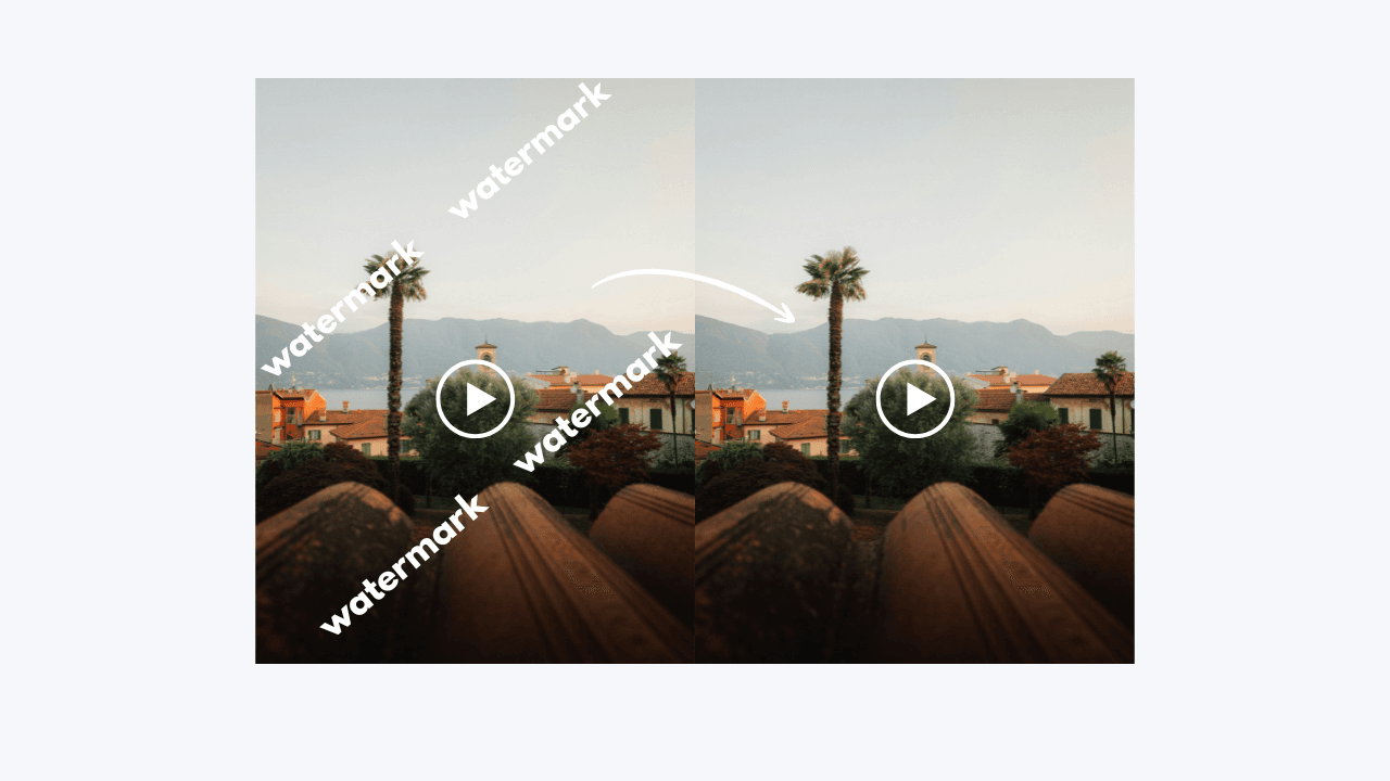 A lakeside clip covered in repeating watermarks, shown beside the same frame with them removed