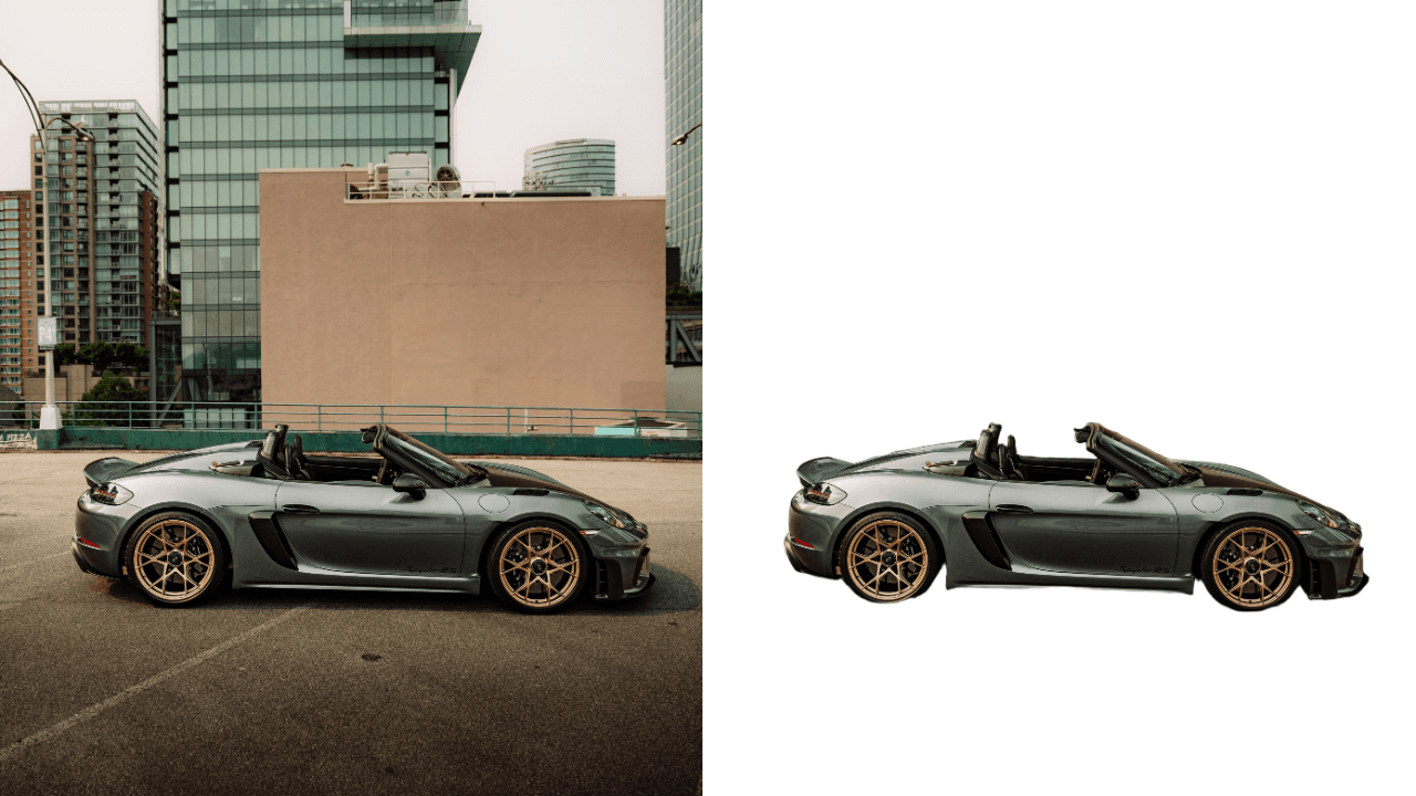 A car parked in front of a building, shown beside the same car cut out on a plain backdrop