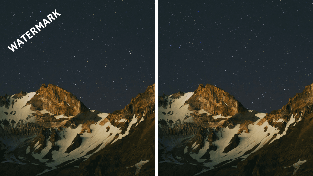 A night photo of a mountain with a diagonal watermark across it, shown beside the same photo with the watermark removed